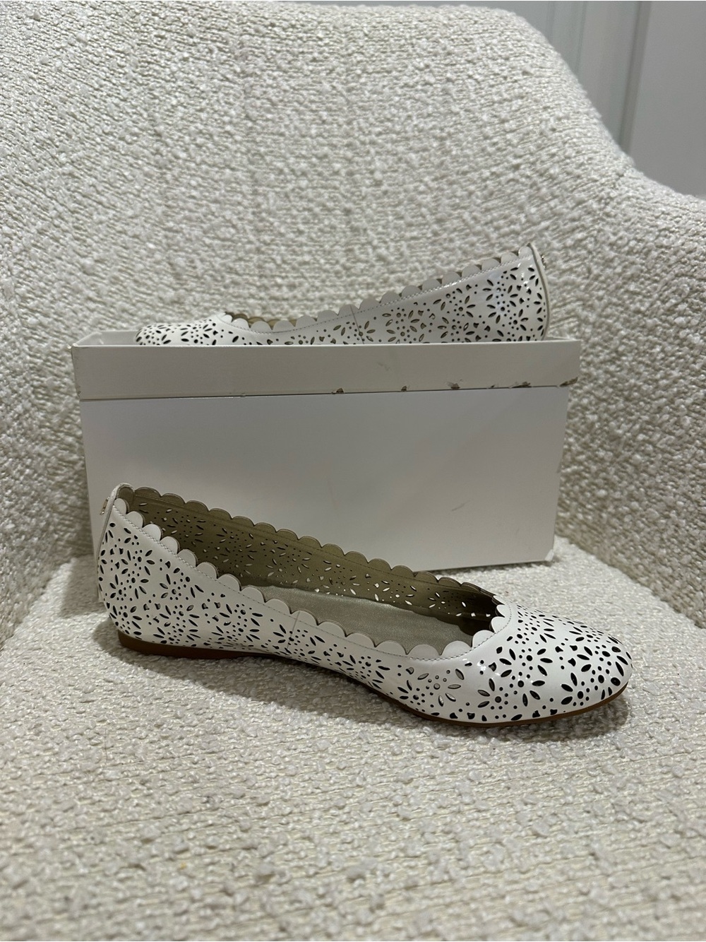 Coach White Laser-Cut Scalloped Ballet Flats
